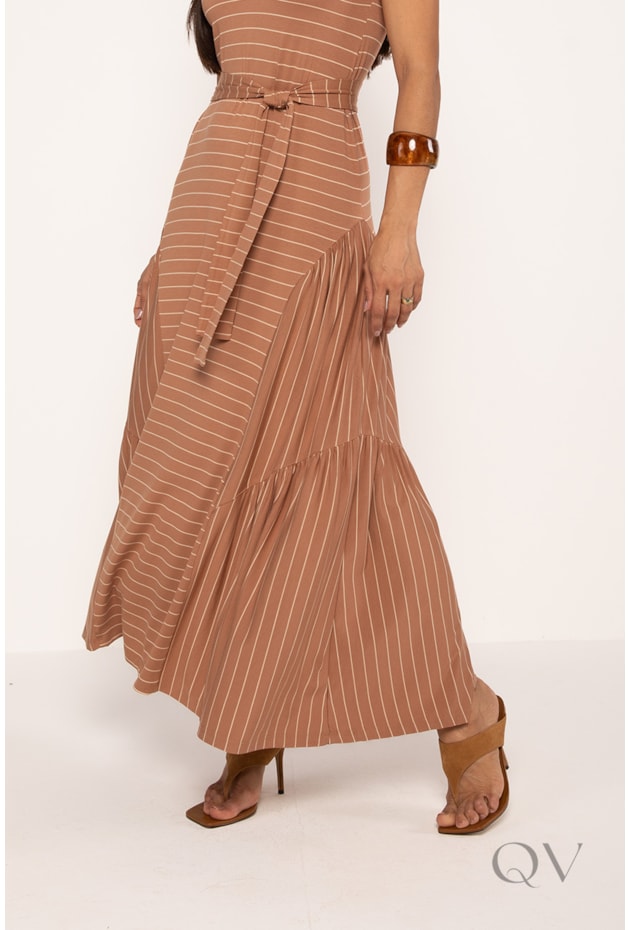 VESTIDO LONGO LISTRADO EM MALHA NUDE - LEKAZIS