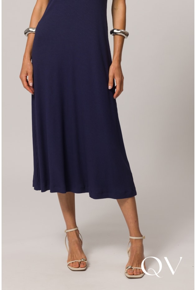VESTIDO LONGO SEM MANGA EM RIBANA AZUL MARINHO E GIZ - DOCE TRAMA