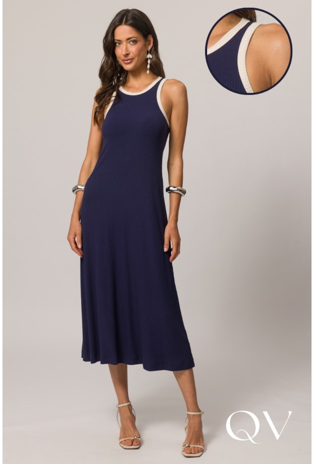 VESTIDO LONGO SEM MANGA EM RIBANA AZUL MARINHO E GIZ - DOCE TRAMA