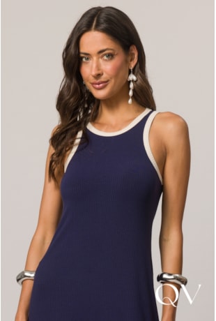 VESTIDO LONGO SEM MANGA EM RIBANA AZUL MARINHO E GIZ - DOCE TRAMA