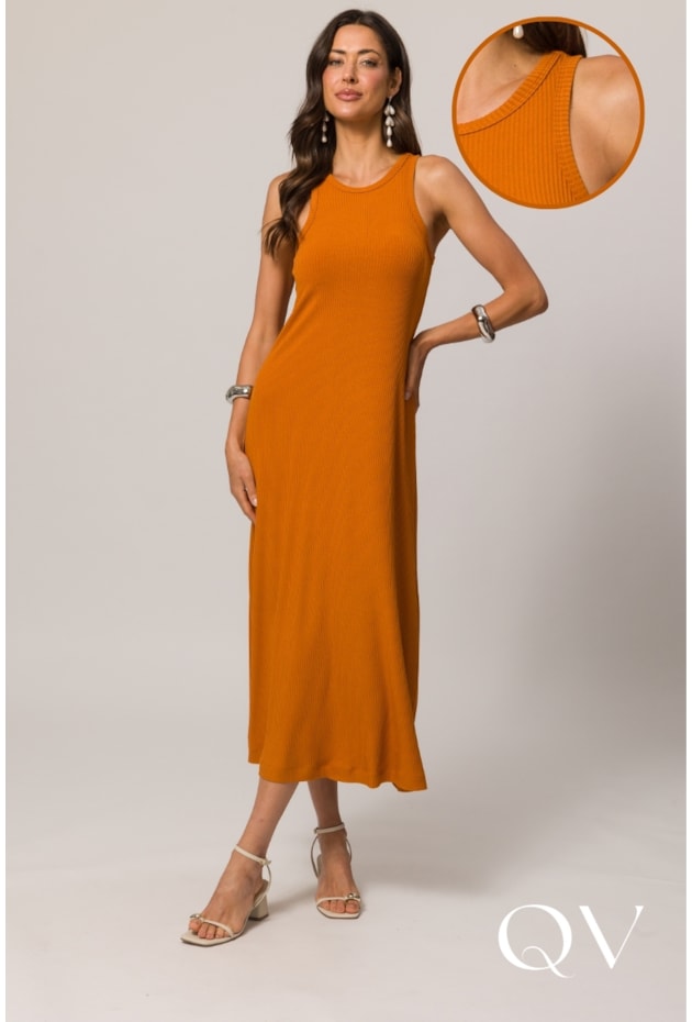 VESTIDO LONGO SEM MANGA EM RIBANA CONHAQUE - DOCE TRAMA