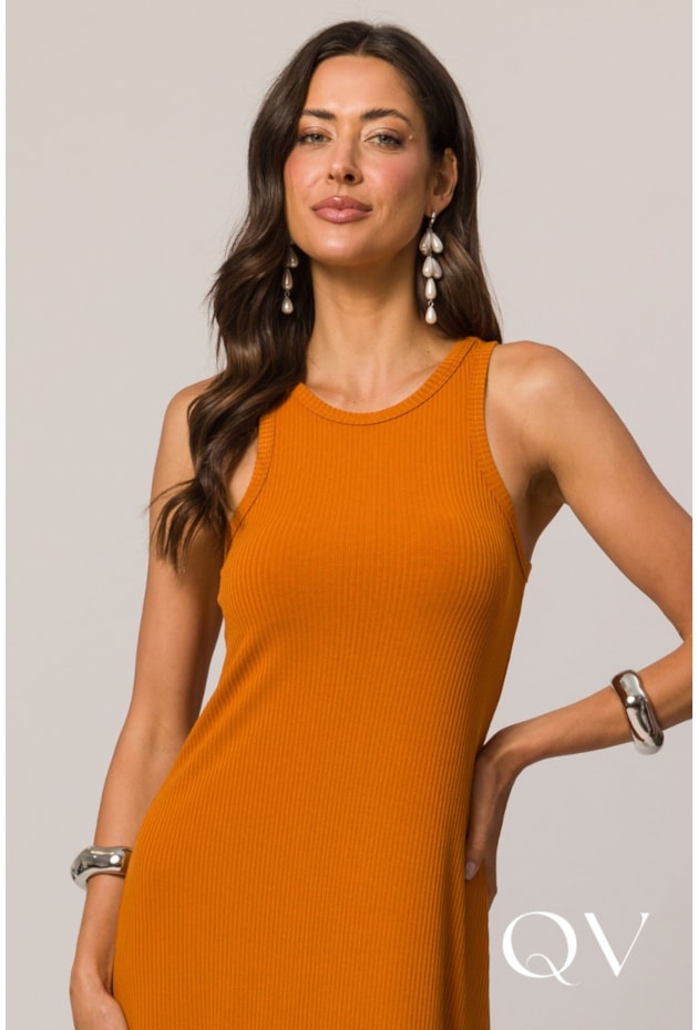 VESTIDO LONGO SEM MANGA EM RIBANA CONHAQUE - DOCE TRAMA