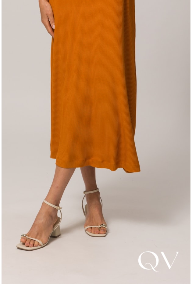 VESTIDO LONGO SEM MANGA EM RIBANA CONHAQUE - DOCE TRAMA