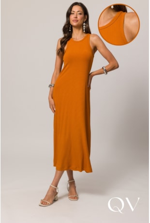 VESTIDO LONGO SEM MANGA EM RIBANA CONHAQUE - DOCE TRAMA