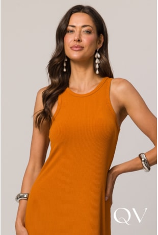 VESTIDO LONGO SEM MANGA EM RIBANA CONHAQUE - DOCE TRAMA