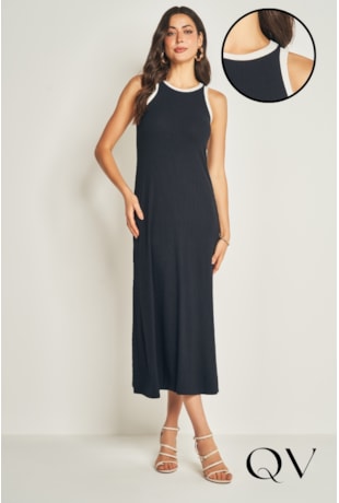 VESTIDO LONGO SEM MANGA EM RIBANA PRETO E OFF WHITE - DOCE TRAMA