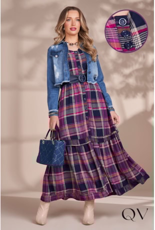 VESTIDO LONGO VISCOSE XADREZ AZUL MARINHO - FASCÍNIUS