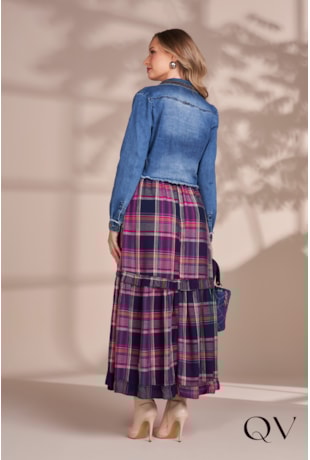 VESTIDO LONGO VISCOSE XADREZ AZUL MARINHO - FASCÍNIUS