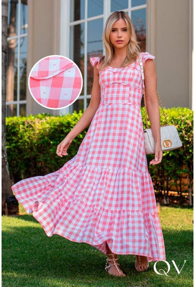 VESTIDO LONGO XADREZ CORAL - LUZIA FAZZOLLI VESTIDO LONGO XADREZ CORAL - LUZIA FAZZOLLI