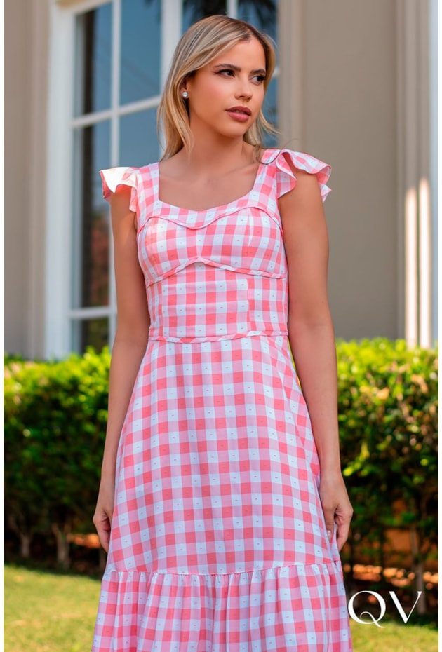 VESTIDO LONGO XADREZ CORAL - LUZIA FAZZOLLI VESTIDO LONGO XADREZ CORAL - LUZIA FAZZOLLI