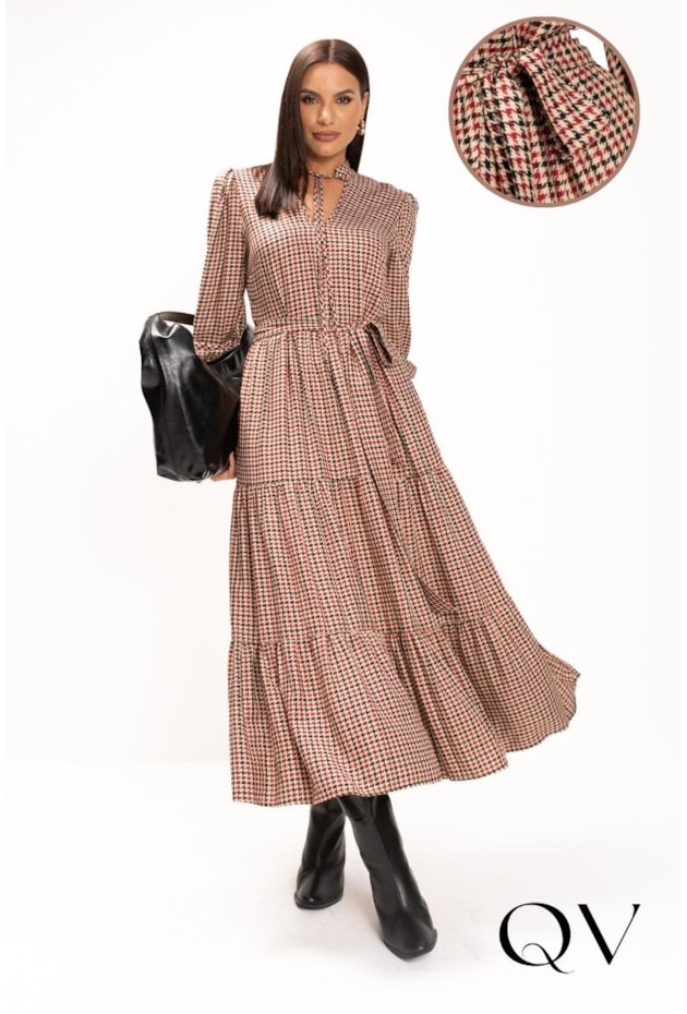 VESTIDO LONGO XADREZ EM PIED DE POULE BEGE - LEKAZIS
