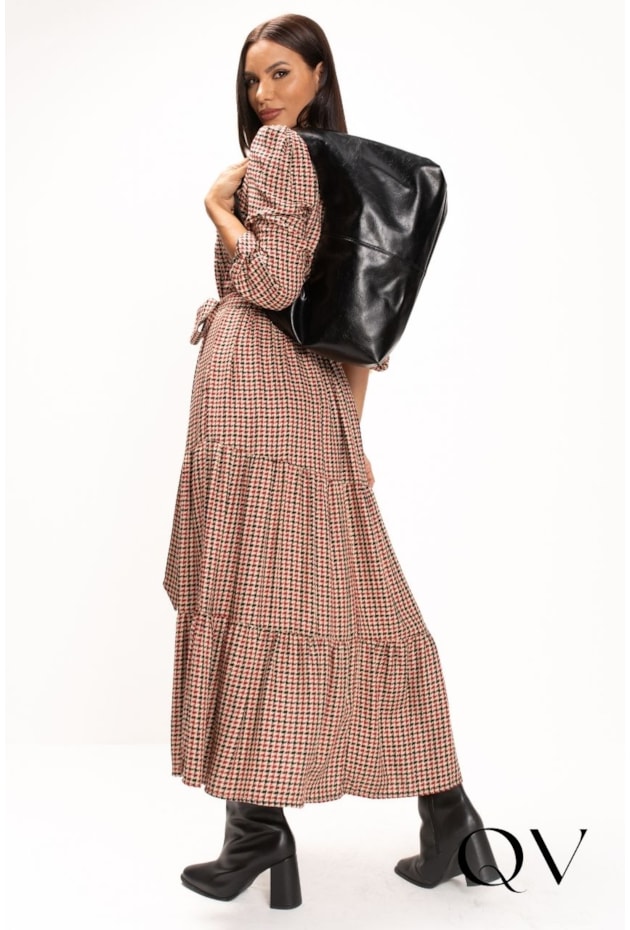 VESTIDO LONGO XADREZ EM PIED DE POULE BEGE - LEKAZIS