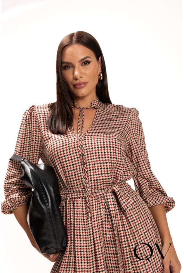 VESTIDO LONGO XADREZ EM PIED DE POULE BEGE - LEKAZIS
