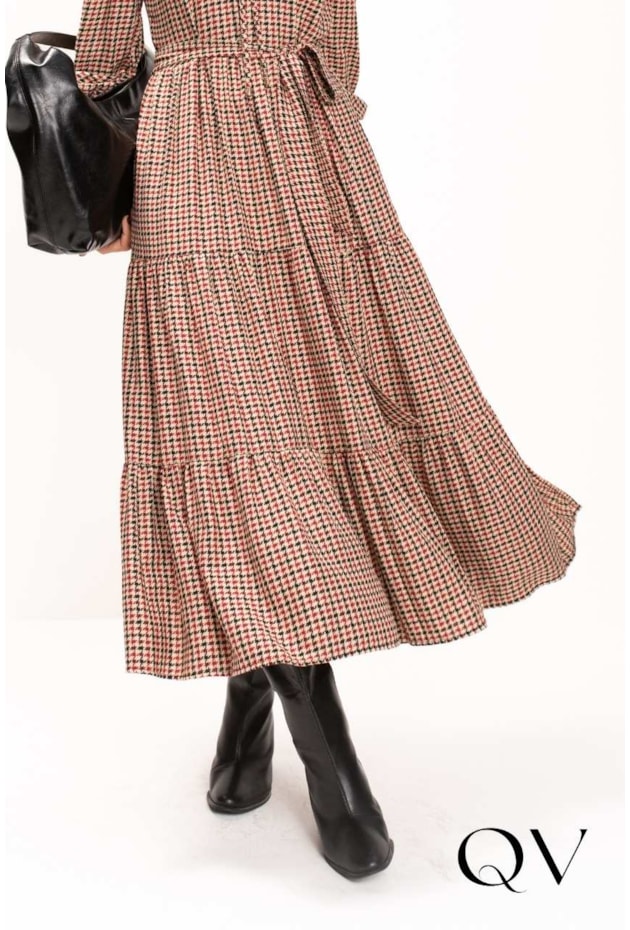 VESTIDO LONGO XADREZ EM PIED DE POULE BEGE - LEKAZIS
