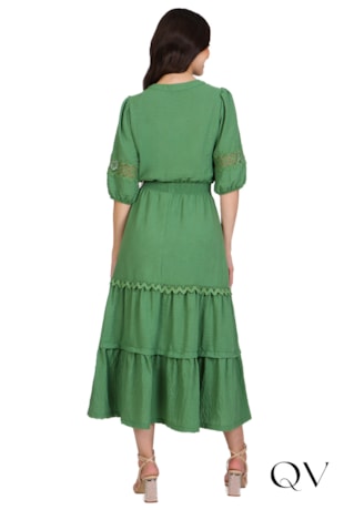 VESTIDO LONGUETE COM GUIPIR VERDE - HAPUK