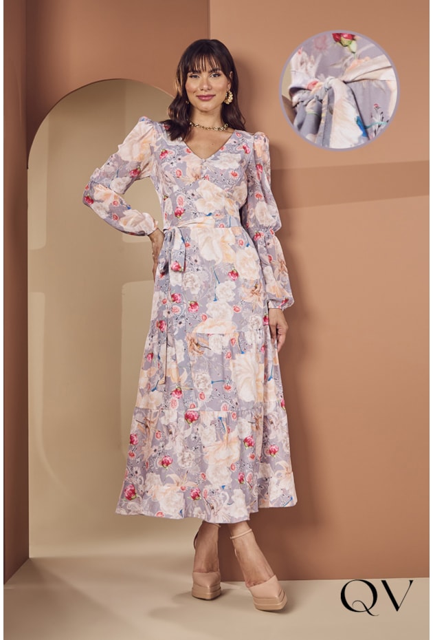 VESTIDO LONGUETE DECOTE V FLORAL - JANY PIM VESTIDO LONGUETE DECOTE V FLORAL - JANY PIM