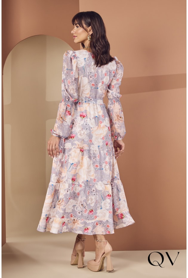 VESTIDO LONGUETE DECOTE V FLORAL - JANY PIM VESTIDO LONGUETE DECOTE V FLORAL - JANY PIM