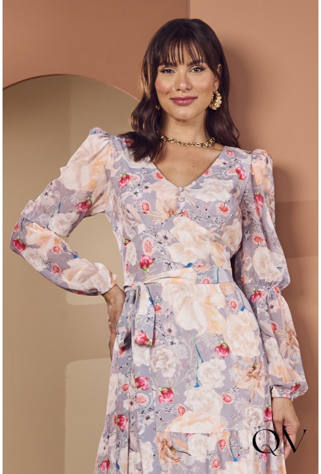 VESTIDO LONGUETE DECOTE V FLORAL - JANY PIM VESTIDO LONGUETE DECOTE V FLORAL - JANY PIM