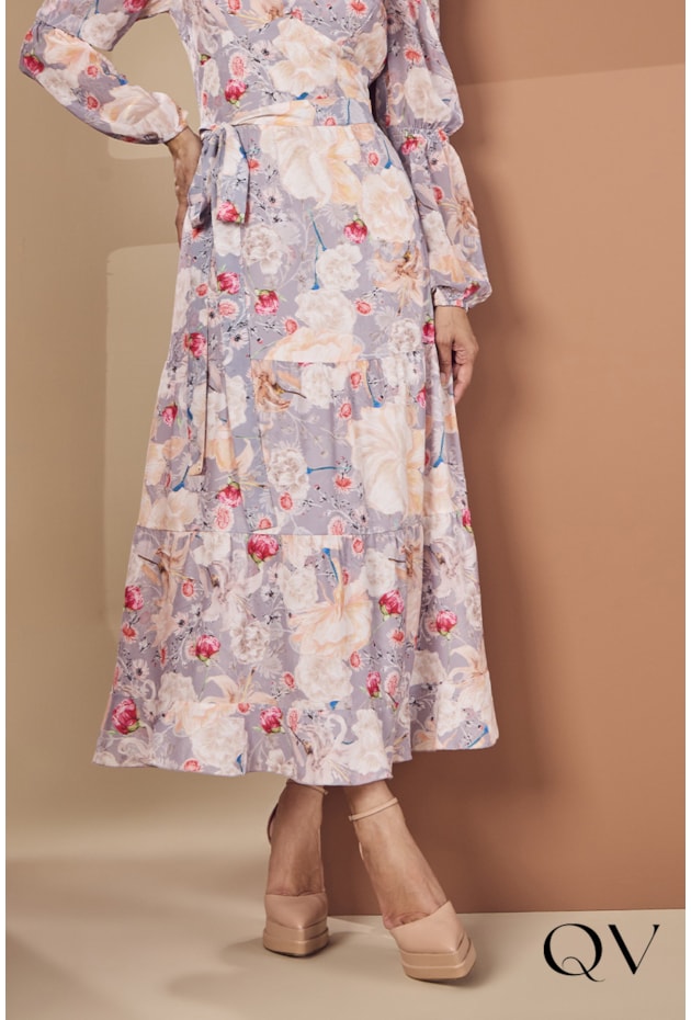 VESTIDO LONGUETE DECOTE V FLORAL - JANY PIM VESTIDO LONGUETE DECOTE V FLORAL - JANY PIM