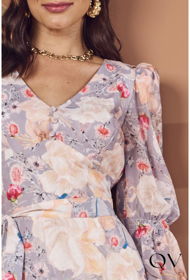 VESTIDO LONGUETE DECOTE V FLORAL - JANY PIM VESTIDO LONGUETE DECOTE V FLORAL - JANY PIM