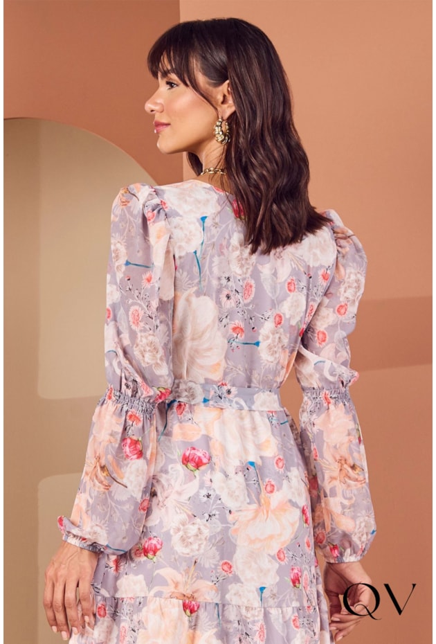 VESTIDO LONGUETE DECOTE V FLORAL - JANY PIM VESTIDO LONGUETE DECOTE V FLORAL - JANY PIM