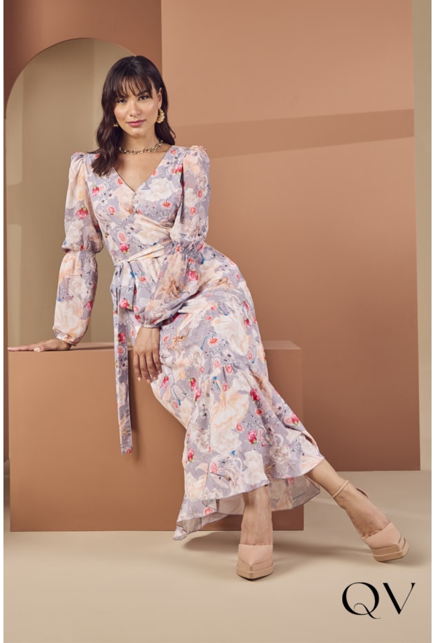 VESTIDO LONGUETE DECOTE V FLORAL - JANY PIM VESTIDO LONGUETE DECOTE V FLORAL - JANY PIM