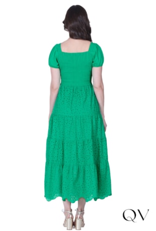 VESTIDO LONGUETE EM LAISE COM FRANZIDOS VERDE - HAPUK