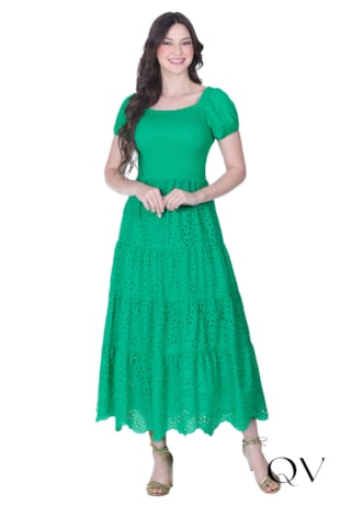 VESTIDO LONGUETE EM LAISE COM FRANZIDOS VERDE - HAPUK