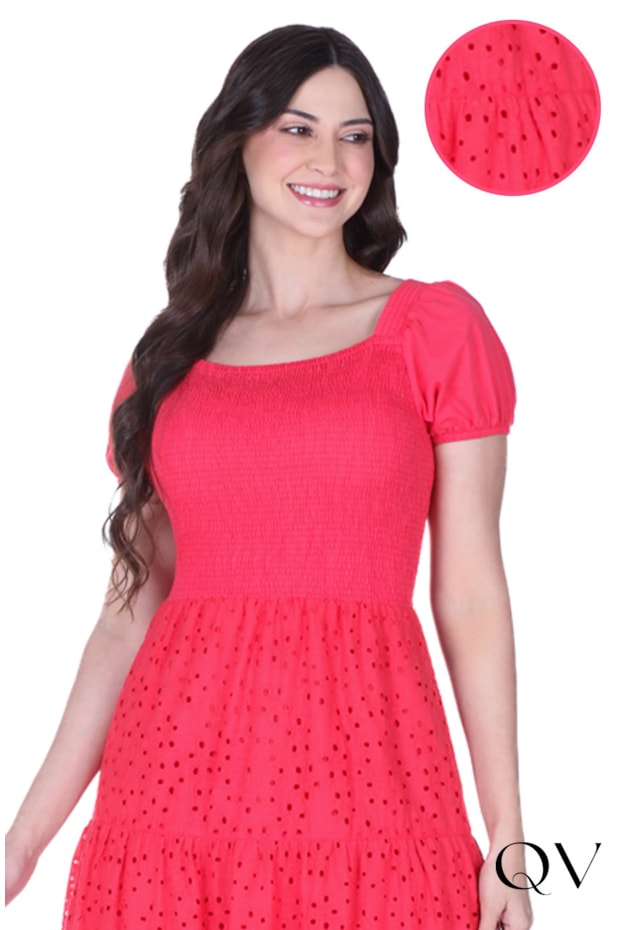 VESTIDO LONGUETE EM LAISE COM FRANZIDOS VERMELHO - HAPUK