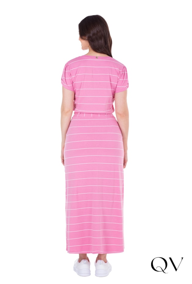 VESTIDO LONGUETE EM MALHA LISTRADA ROSA - HAPUK