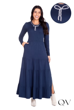 VESTIDO LONGUETE EM MOLETINHO AZUL MARINHO - HAPUK