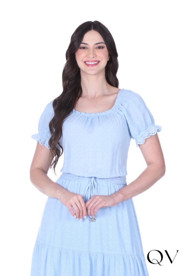 VESTIDO LONGUETE EM PLANO TEXTURIZADO GUIPIR AZUL - HAPUK
