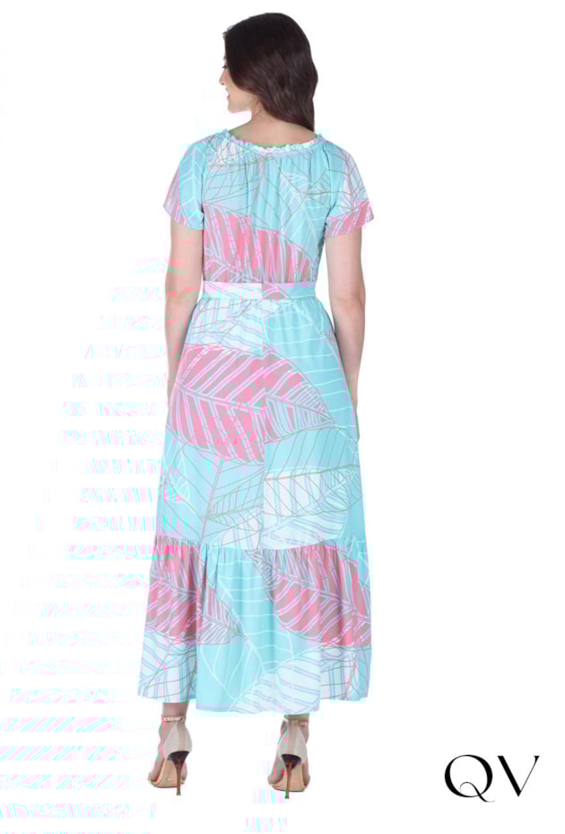 VESTIDO LONGUETE EM TECIDO PLANO ESTAMPADO VERDE ÁGUA - HAPUK