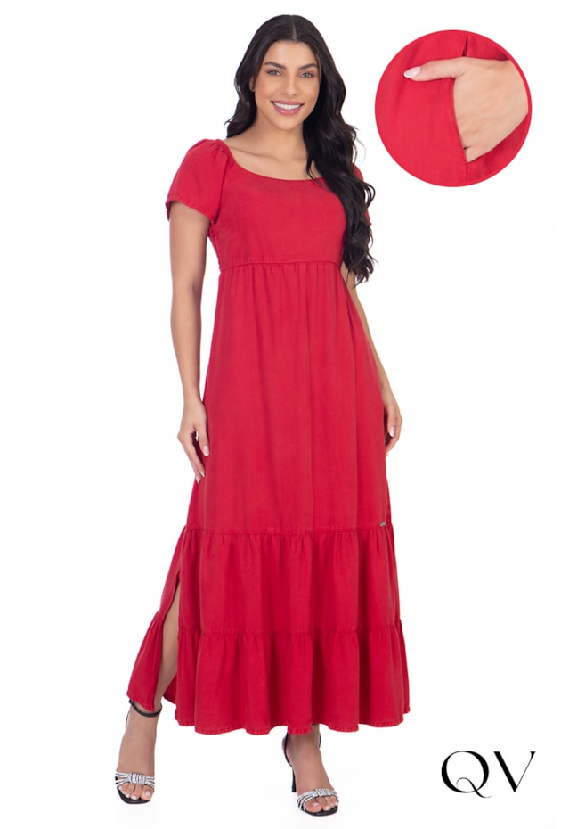 VESTIDO LONGUETE JEANS COLLOR VERMELHO - HAPUK