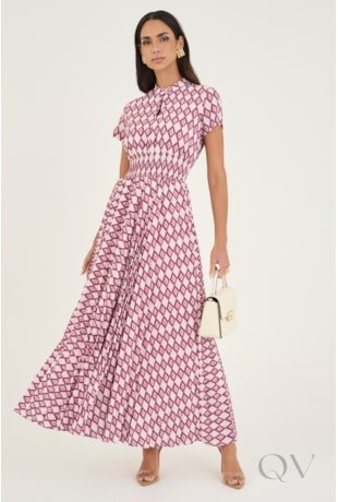 VESTIDO LONGUETE PLISSADO EM TOQUE DE SEDA ESTAMPADO - VIA TOLENTINO