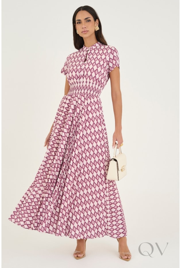 VESTIDO LONGUETE PLISSADO EM TOQUE DE SEDA ESTAMPADO - VIA TOLENTINO