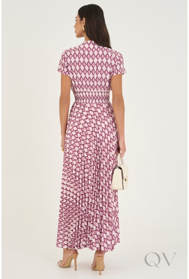 VESTIDO LONGUETE PLISSADO EM TOQUE DE SEDA ESTAMPADO - VIA TOLENTINO