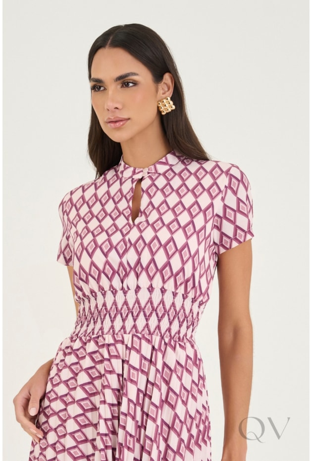 VESTIDO LONGUETE PLISSADO EM TOQUE DE SEDA ESTAMPADO - VIA TOLENTINO