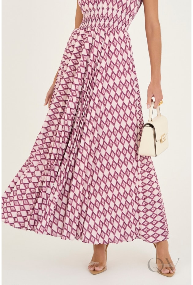 VESTIDO LONGUETE PLISSADO EM TOQUE DE SEDA ESTAMPADO - VIA TOLENTINO