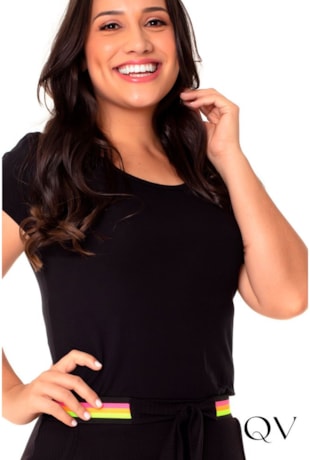 VESTIDO MALHA CANELADA COM ELÁSTICO COLORS PRETO - HAPUK