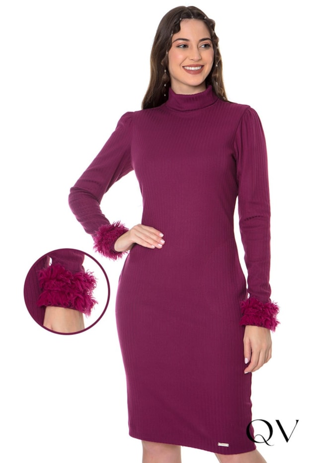 VESTIDO MALHA CANELADA PLUMAS ROXO - HAPUK