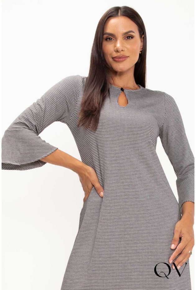 VESTIDO MALHA JACQUARD PIED DE COQ P&B - LEKAZIS