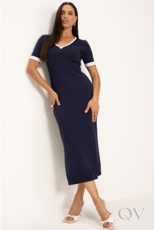 VESTIDO MANGA CURTA EM TRICOT AZUL MARINHO - LEKAZIS