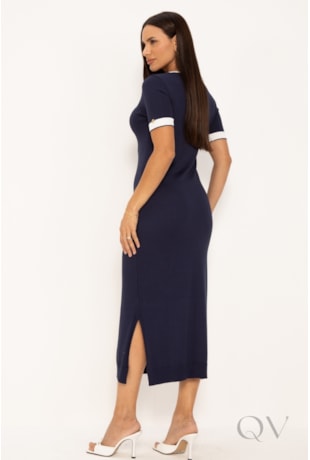 VESTIDO MANGA CURTA EM TRICOT AZUL MARINHO - LEKAZIS