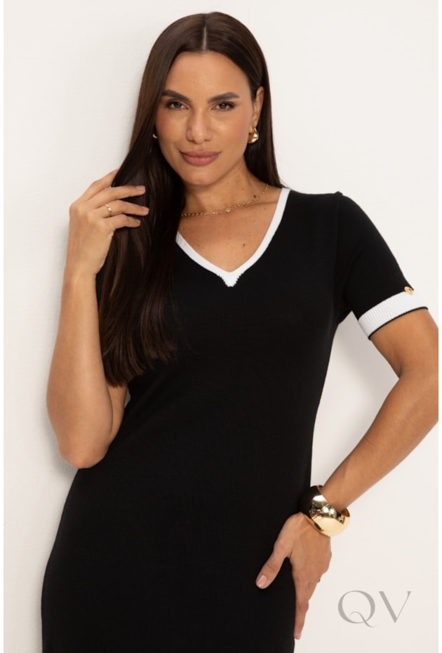 VESTIDO MANGA CURTA EM TRICOT PRETO - LEKAZIS