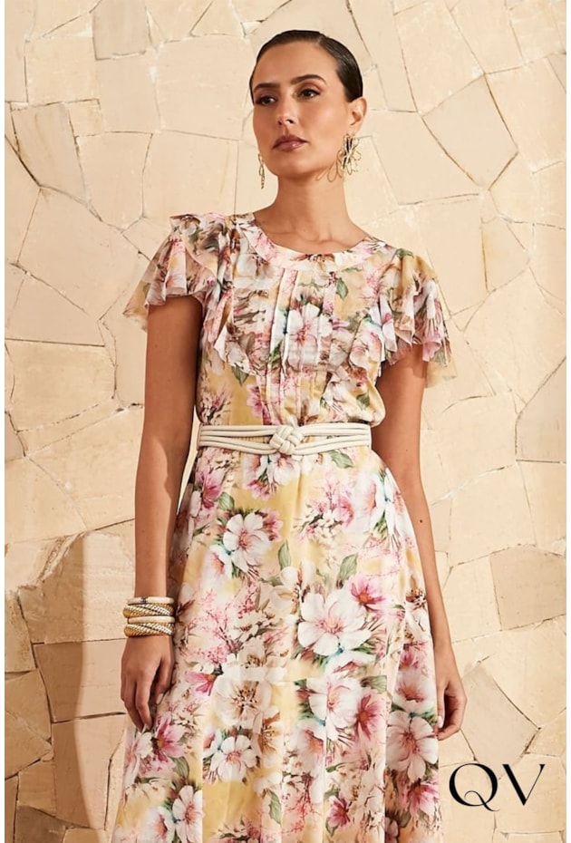 Vestido Manga Godê Floral Jany Pim Moda Evangélica Feminina QVestido