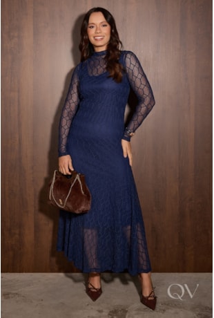 VESTIDO MANGA LONGA EM TULE E RENDA AZUL - JANY PIM