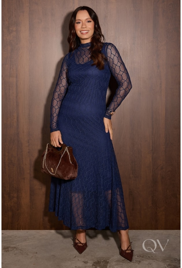 VESTIDO MANGA LONGA EM TULE E RENDA AZUL - JANY PIM