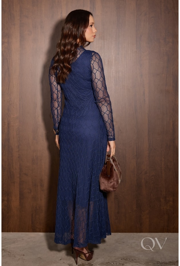 VESTIDO MANGA LONGA EM TULE E RENDA AZUL - JANY PIM