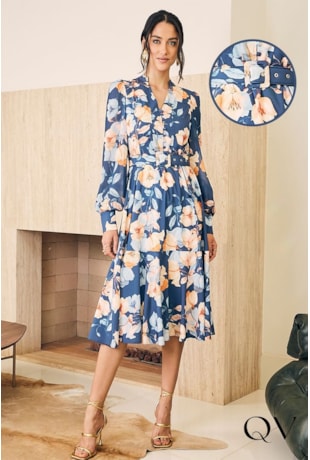 VESTIDO MANGA LONGA FLORAL AZUL - JANY PIM
